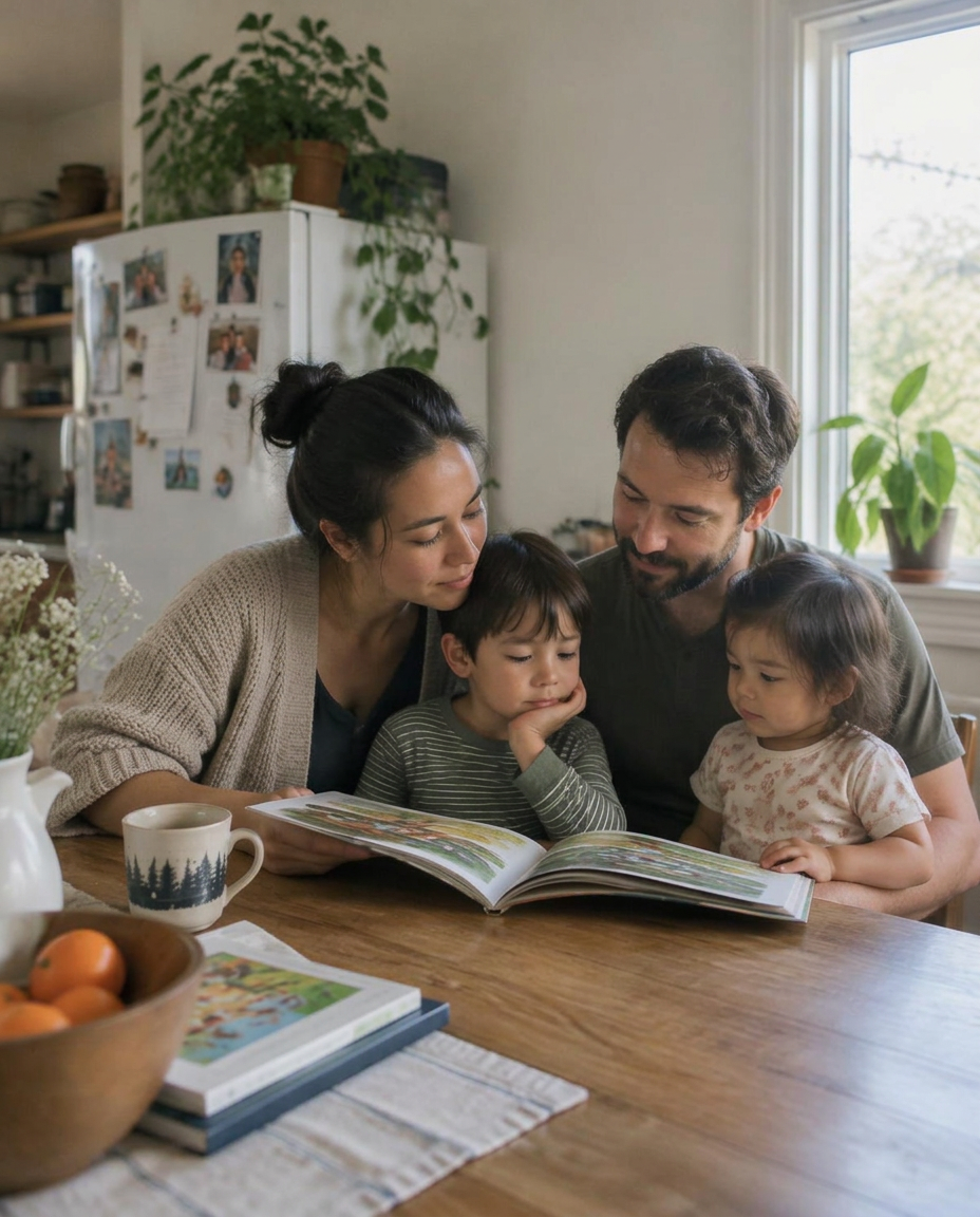 A parent and two young children reading a picture book together at a kitchen table